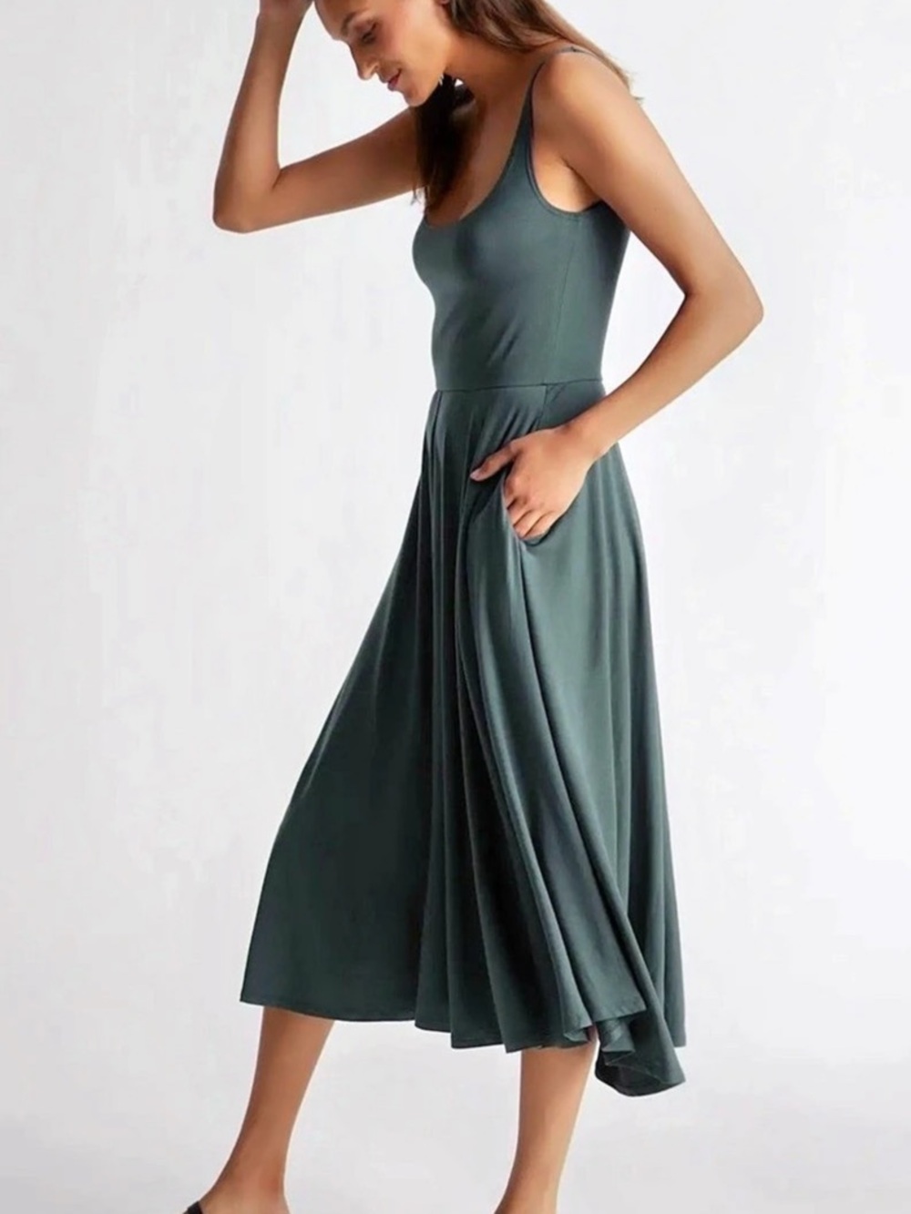 Quince Womens Tencel Jersey Fit & Flare Dress Dark Olive Green New NWT Medium - Picture 3 of 11